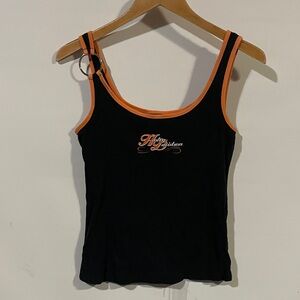 Vintage Harley-Davidson Women's Black Tank Top with Orange Trim 90s Y2K